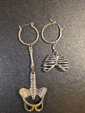 BodyRage Silver Tone Anatomical Ribcage & Pelvis Dangle Hoop Earrings Spencer's